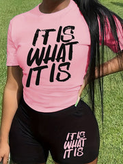 Letter Print Matching Two piece Set Casual Short Sleeve T shirt & Biker Shorts