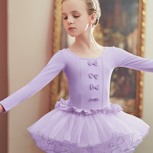 Girls Long Sleeve Ballet Leotard Tutu Dress For Dance Performance