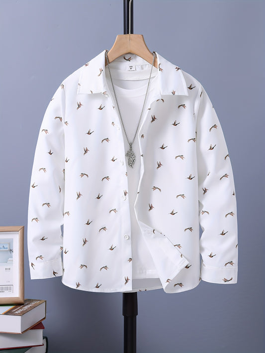 Boys Birds Full Print Long Sleeve Button Down Tops