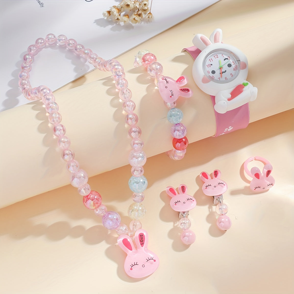 Girls Pink Rabbit Watch Set with Puff  Quartz