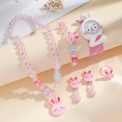 Girls Pink Rabbit Watch Set with Puff  Quartz