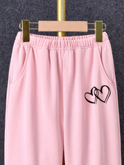 Girls Heart Pattern Sweatpants Elastic Waistband Kids Clothes