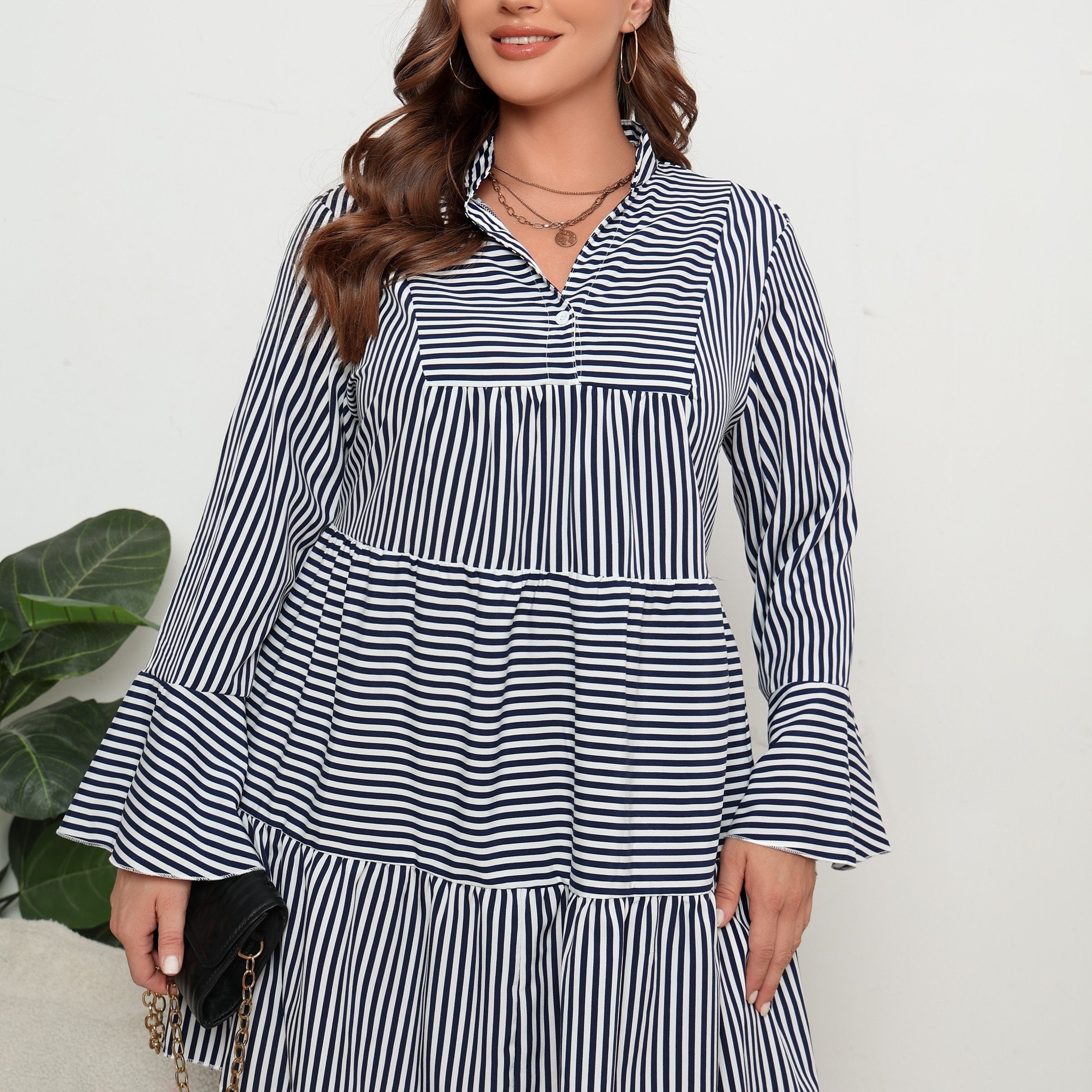  Stripe Print Bell Sleeve Smock Mini Dress