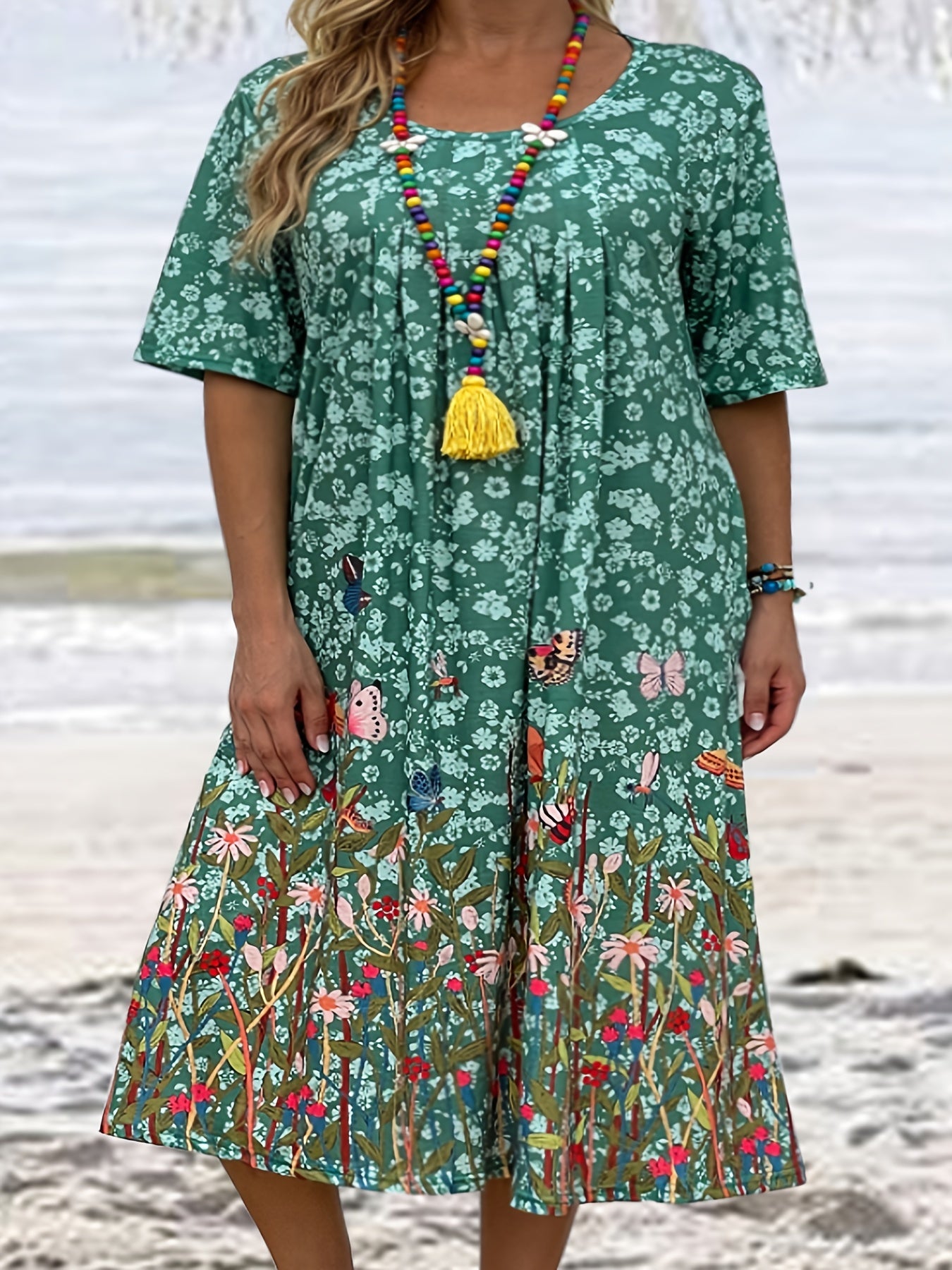  Floral & Butterfly Print Tee Dress With Pockets