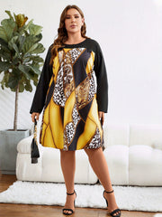  Colorblock Leopard Print Long Sleeve Tee Dress