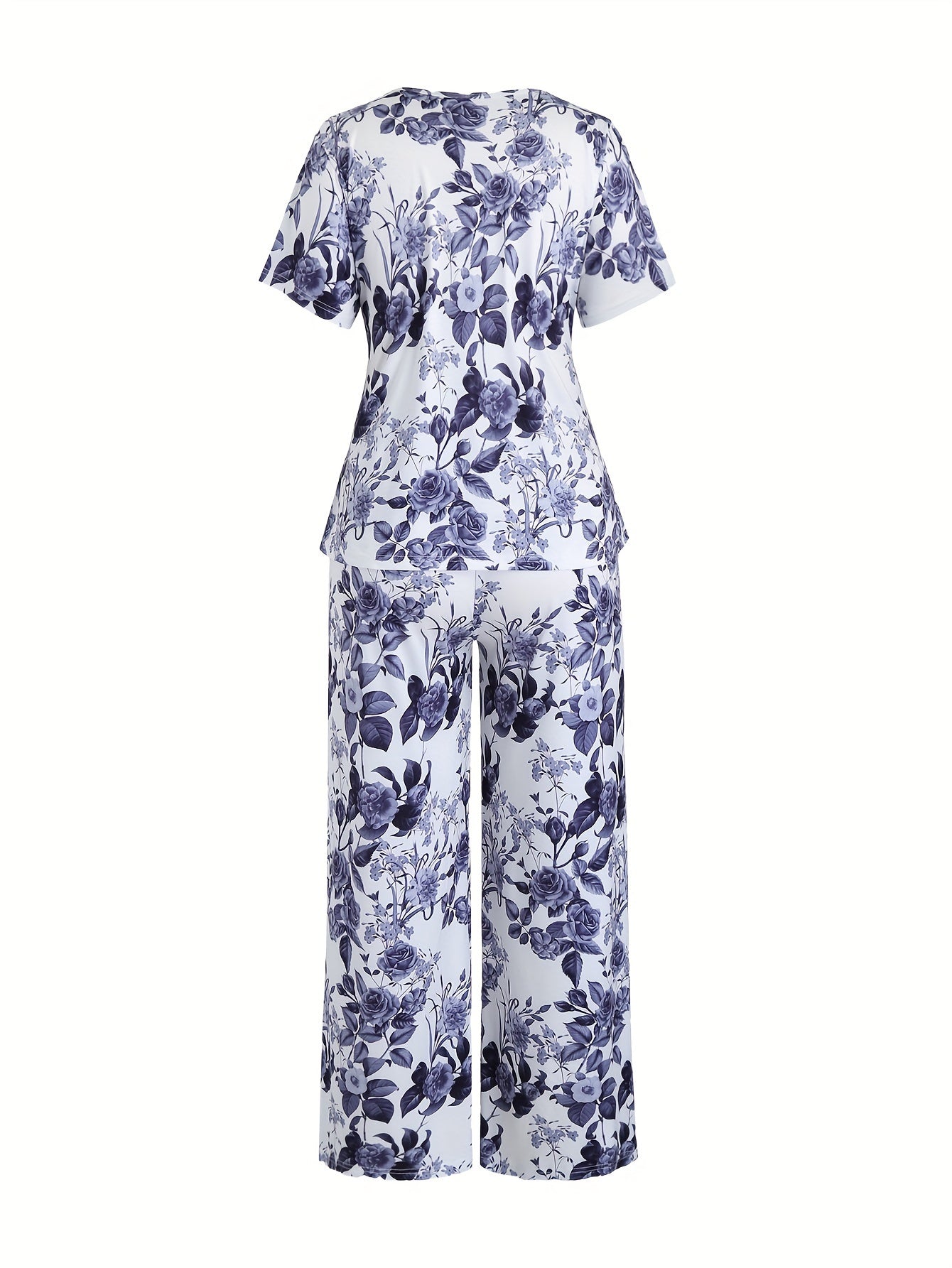  Floral Print Pajamas Set Short Sleeve Tee & Pants