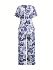  Floral Print Pajamas Set Short Sleeve Tee & Pants
