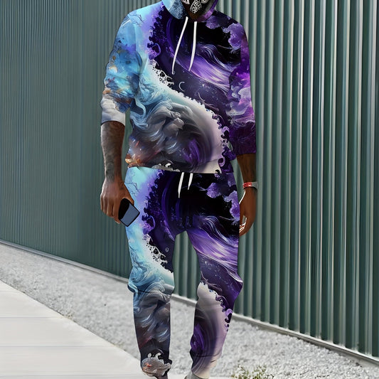 Sea Wave 3d Print Men's 2pcs Hoodie & Sweatpants Set for Autumn Winter