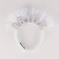 Bride Pearl Headband Tulle Bridal Hair Accessory with BRIDE Embellishment