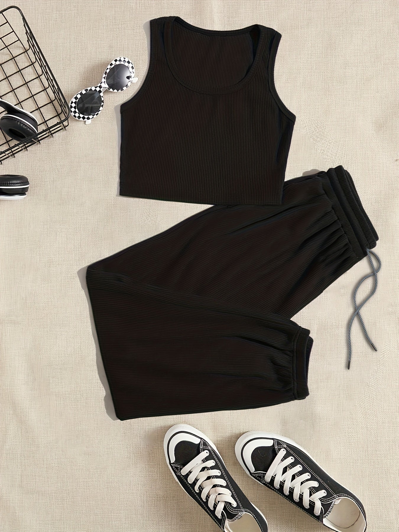 Casual Sporty Two-Piece Set Tank Top & Waist Pants
