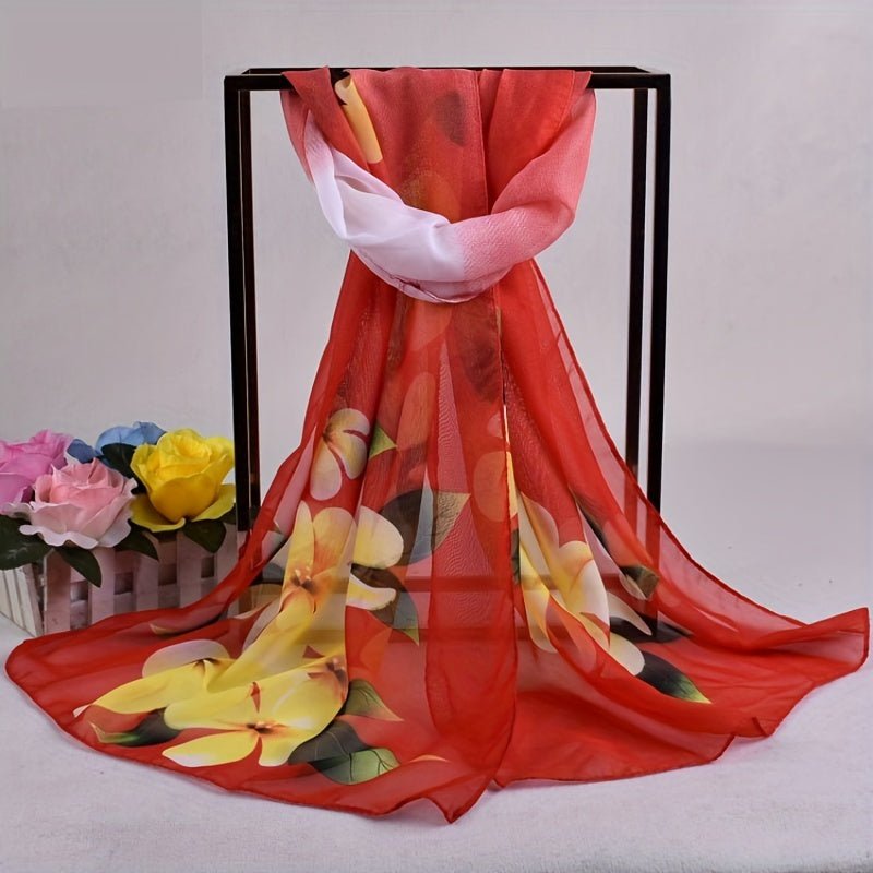 Yellow Flower Print Chiffon Scarf Vintage Thin Shawl