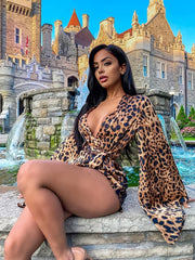 Leopard Print Flared Sleeve Jumpsuit V Neck Spring & Summer Women's Clothing