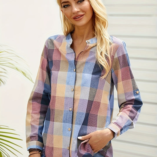  Colorblock Grid Button Up Blouse Long Sleeve Round Neck
