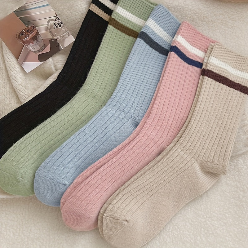 5 Pairs Women's Striped Crew Socks