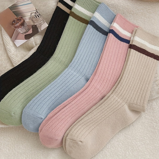 5 Pairs Striped Print Socks Mid Tube Women's Stockings