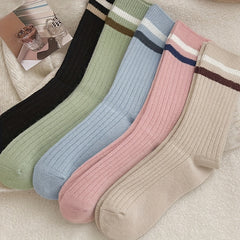 5 Pairs Striped Print Socks Mid Tube Women's Stockings
