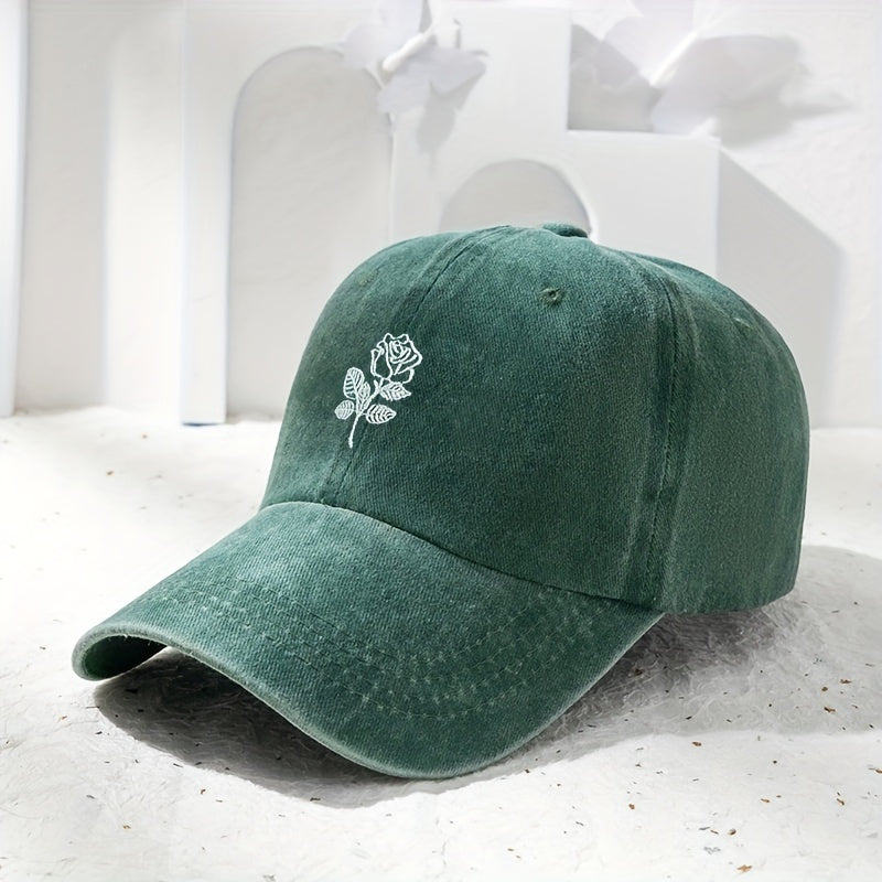 Distressed Baseball Cap Rose Embroidery Adjustable Sun Hats