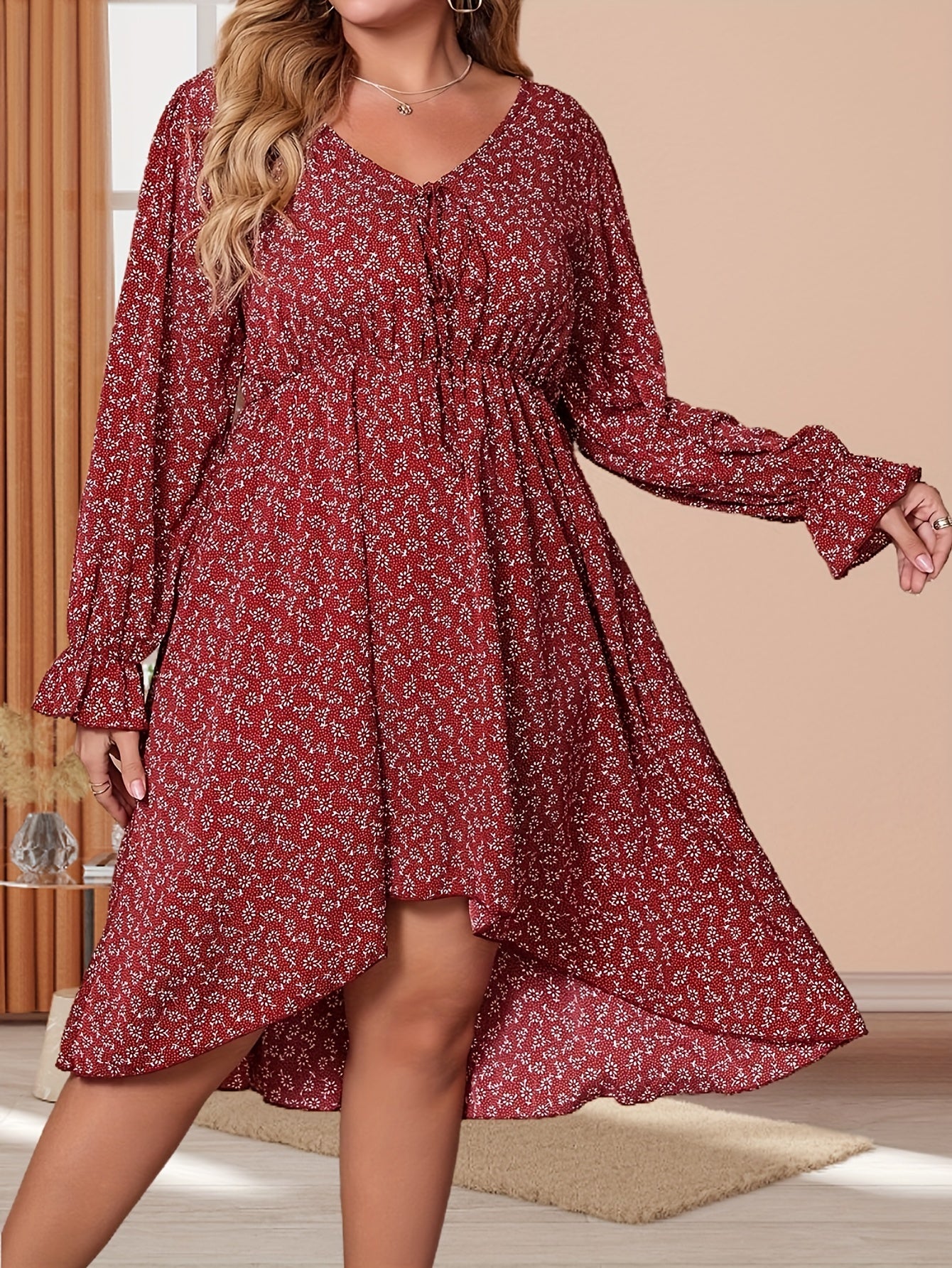  Boho Dress Women's Plus Floral Ruffle Trim Tie Front Summer Dress