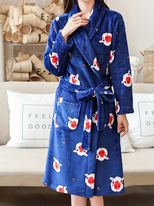 Women's Pig Print Fuzzy Lounge Robe Long Sleeve Warm Robe
