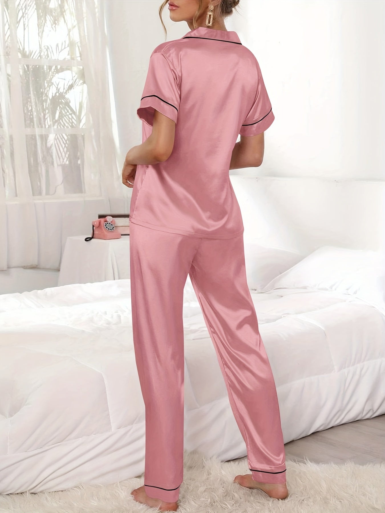 Satin Pajamas Set Short Sleeve Top & Pants Women's Sleepwear