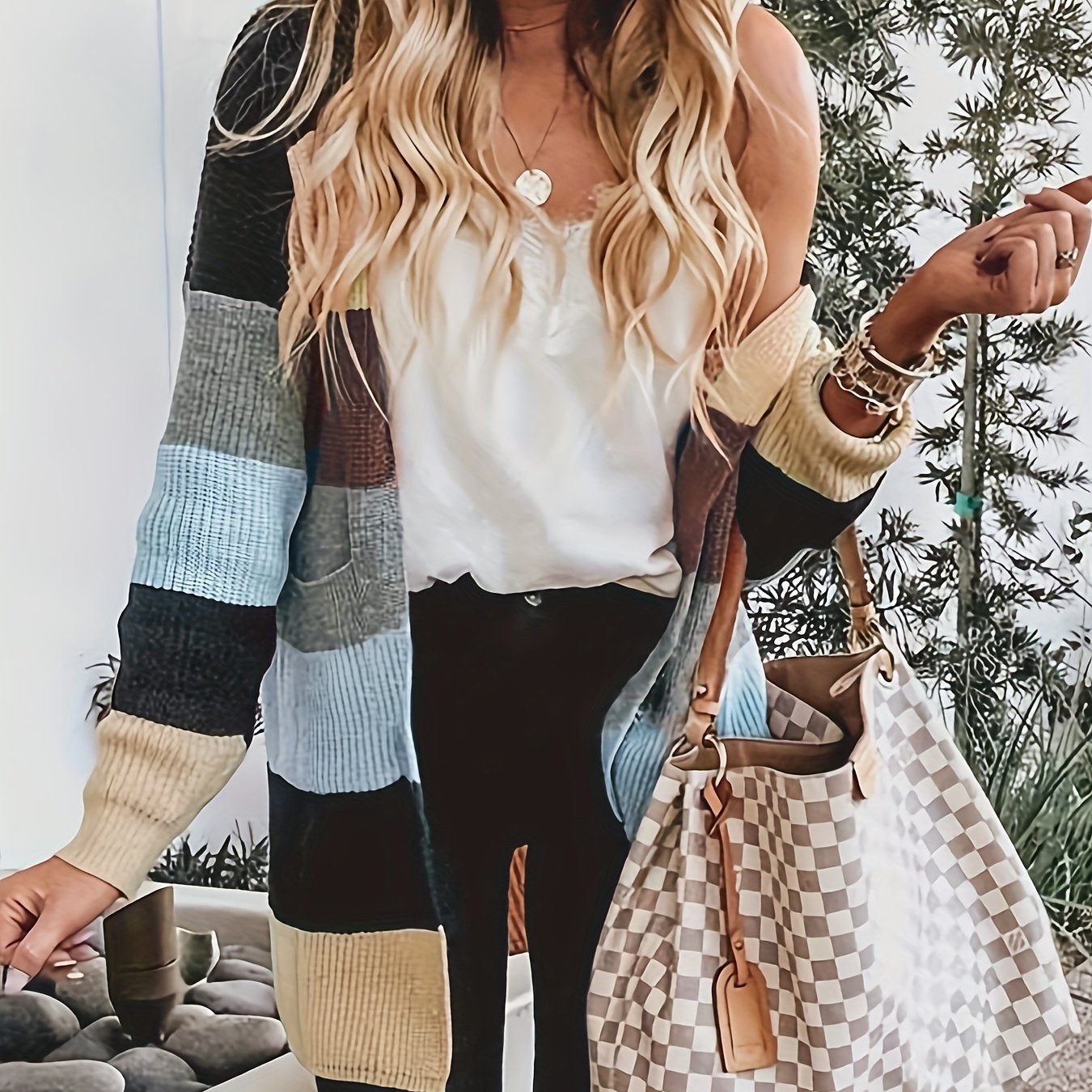 Colorblock Long Sleeve Open Front Cardigan With Pockets