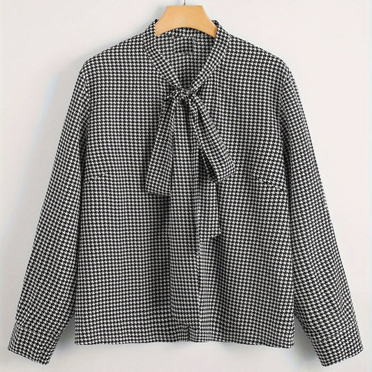  Houndstooth Print Bow Knot Blouse Long Sleeve Top