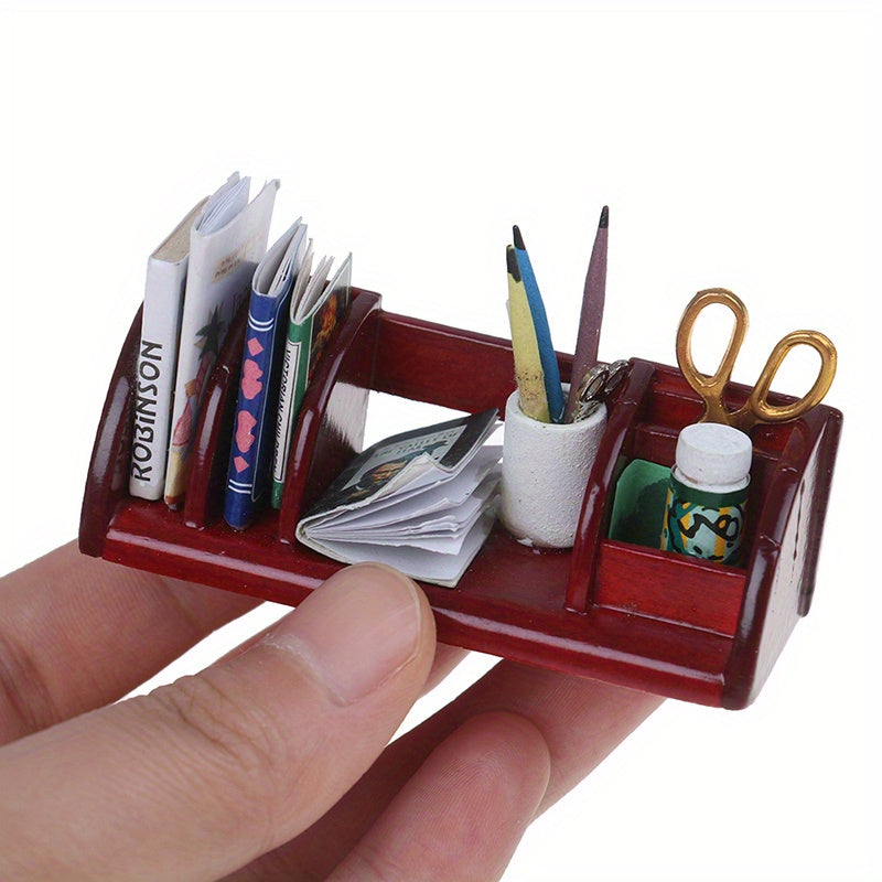 Dollhouse Wooden Bookshelf Model w/ Stationery Books