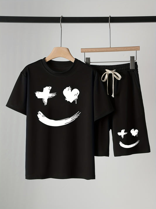Boys Smile Face Print T-shirt & Drawstring Shorts Set