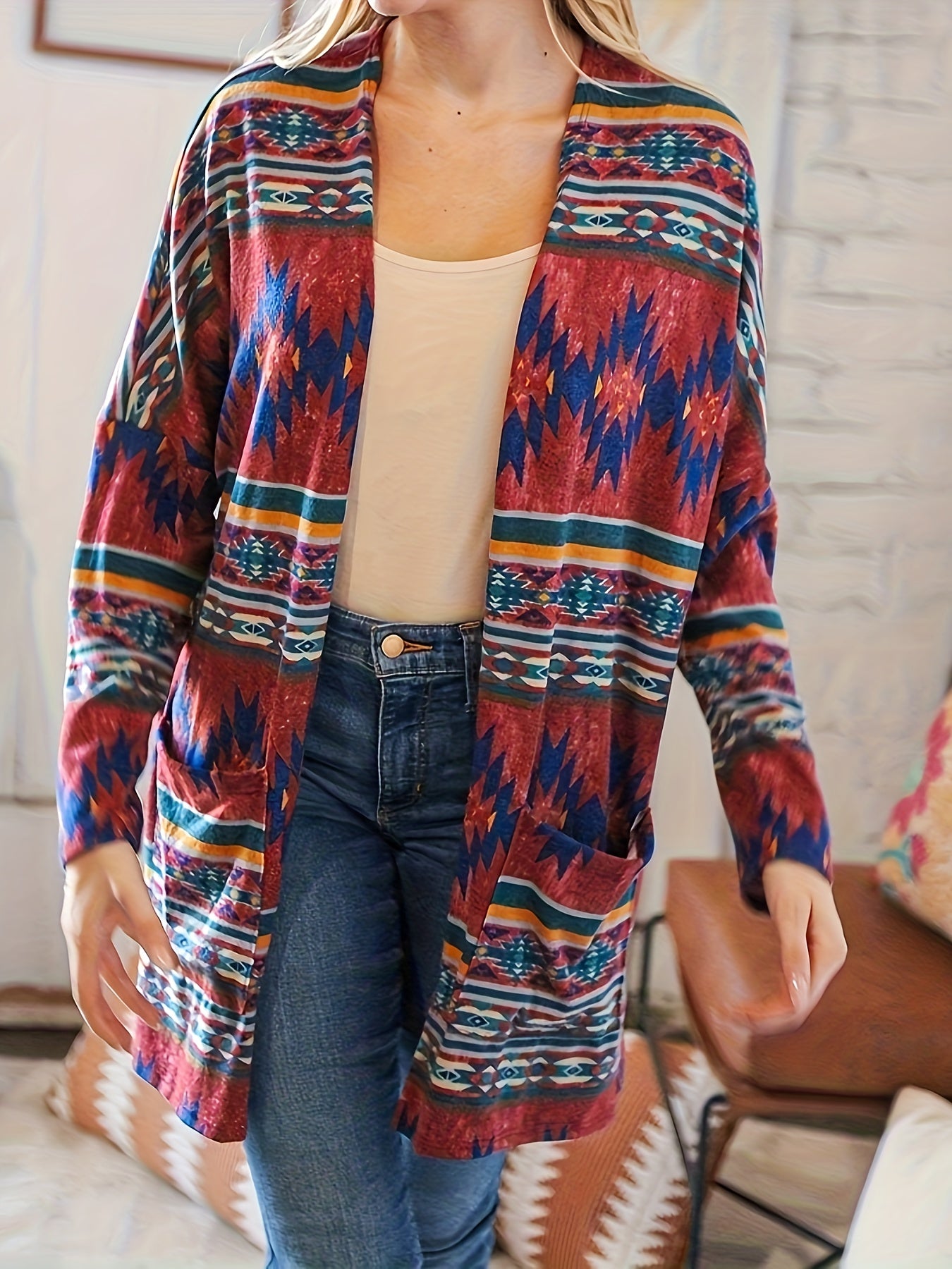  Boho Cardigan Southwest Print Long Sleeve Open Front