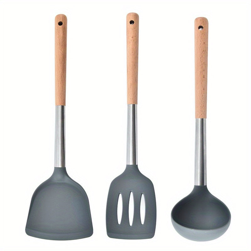 3pcs Silicone Kitchen Utensils Set Wooden Handle Heat Resistant Cooking Utensils