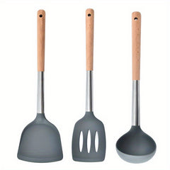 3pcs Silicone Kitchen Utensils Set Wooden Handle Heat Resistant Cooking Utensils