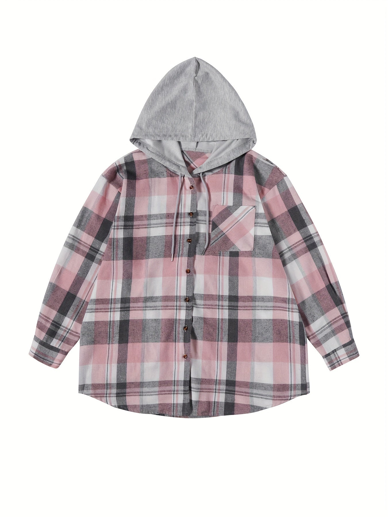  Colorblock Plaid Hoodie Drawstring Shirt