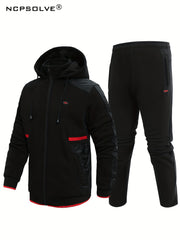 Men's Thick Sports Suit with Hooded Jacket & Stretchy Pants
