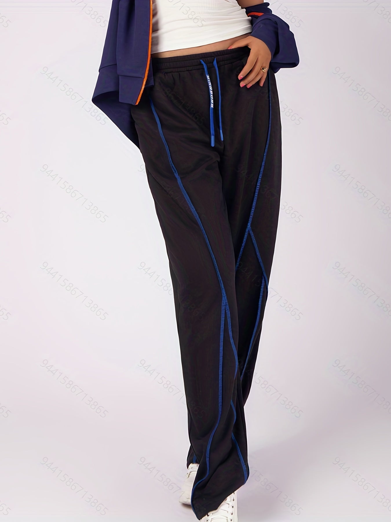 Plus Size Casual Pants Women's Plus Stitching Drawstring Straight Leg Trousers