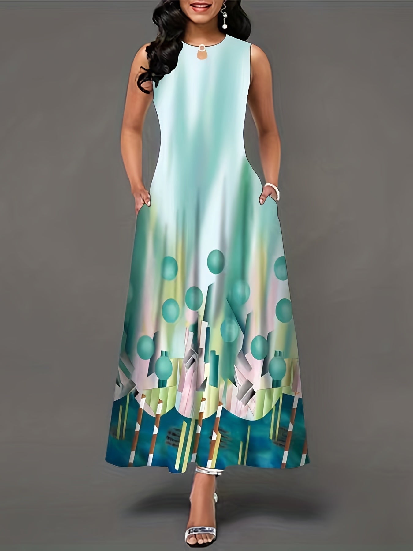  Geometric Print Round Neck Maxi Tank Dress With Pockets