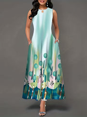 Geometric Print Round Neck Maxi Tank Dress With Pockets