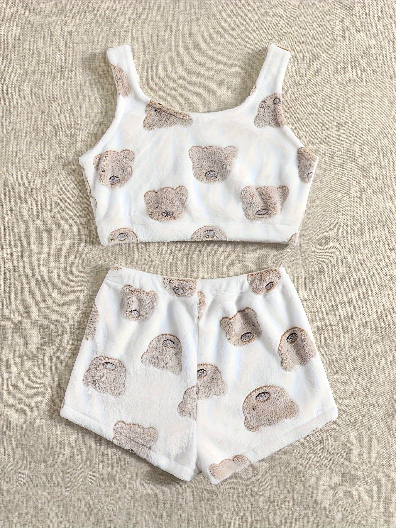  Bear Pattern Flannel Crop Tank Top & Shorts 2-Piece Set