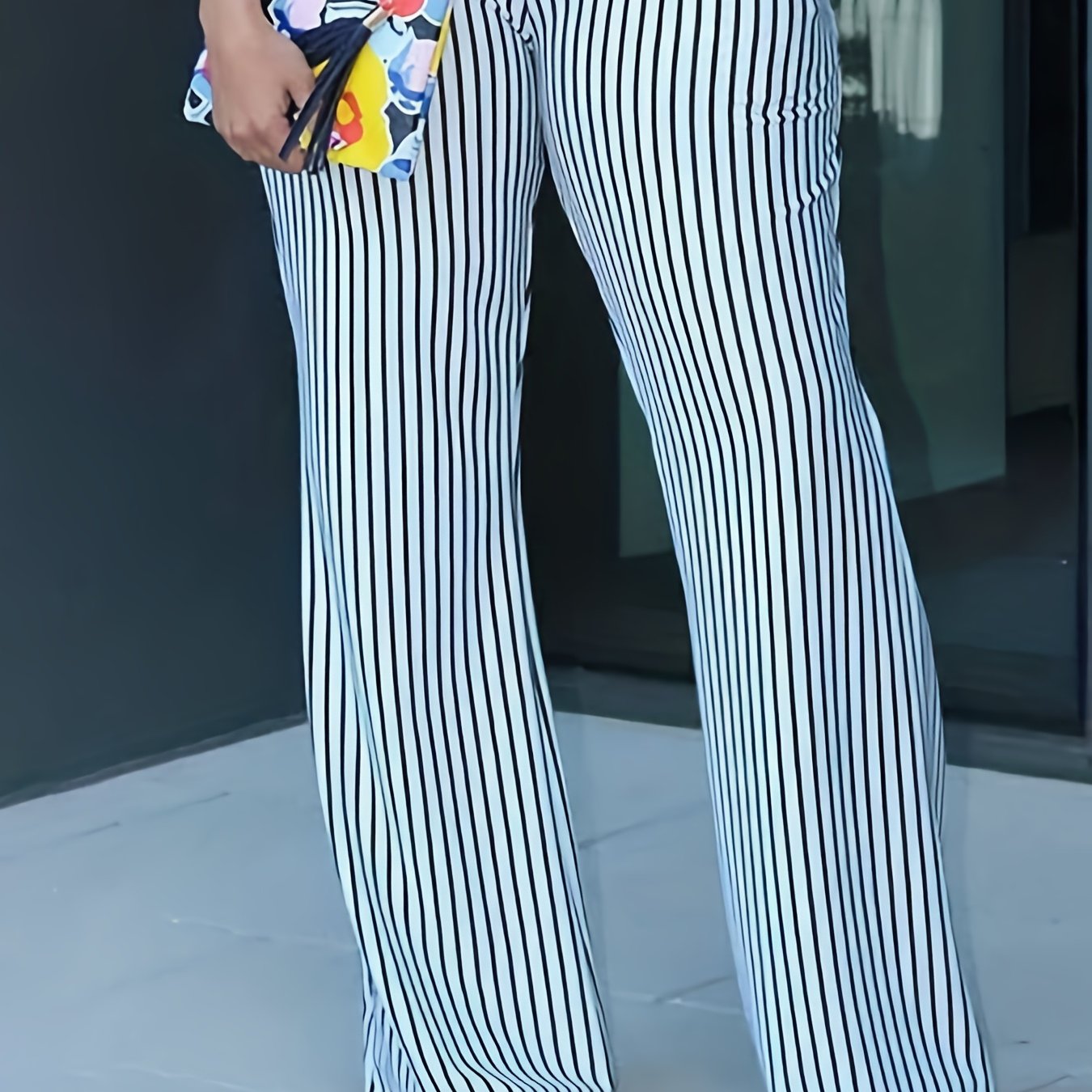  Women's Stripe Print High Rise Straight Leg Trousers