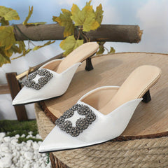 Rhinestone Buckle Kitten Heels Pointed Toe Slingback Sandals
