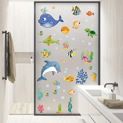 Ocean Fish Dolphin Stained Glass Privacy Film Non-Adhesive UV Blocking