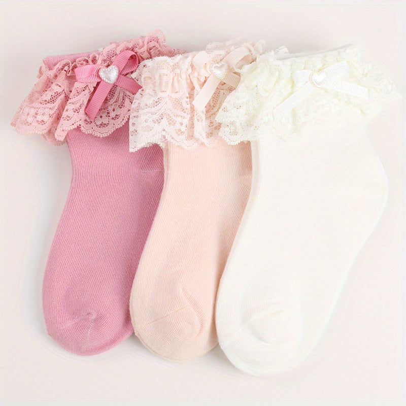3 Pairs Girl Socks Love Bow Ruffled Princess Socks