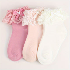 3 Pairs Girl Socks Love Bow Ruffled Princess Socks