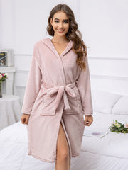 Cozy Fuzzy Hooded Night Robe Long Sleeve With Belt & Pockets