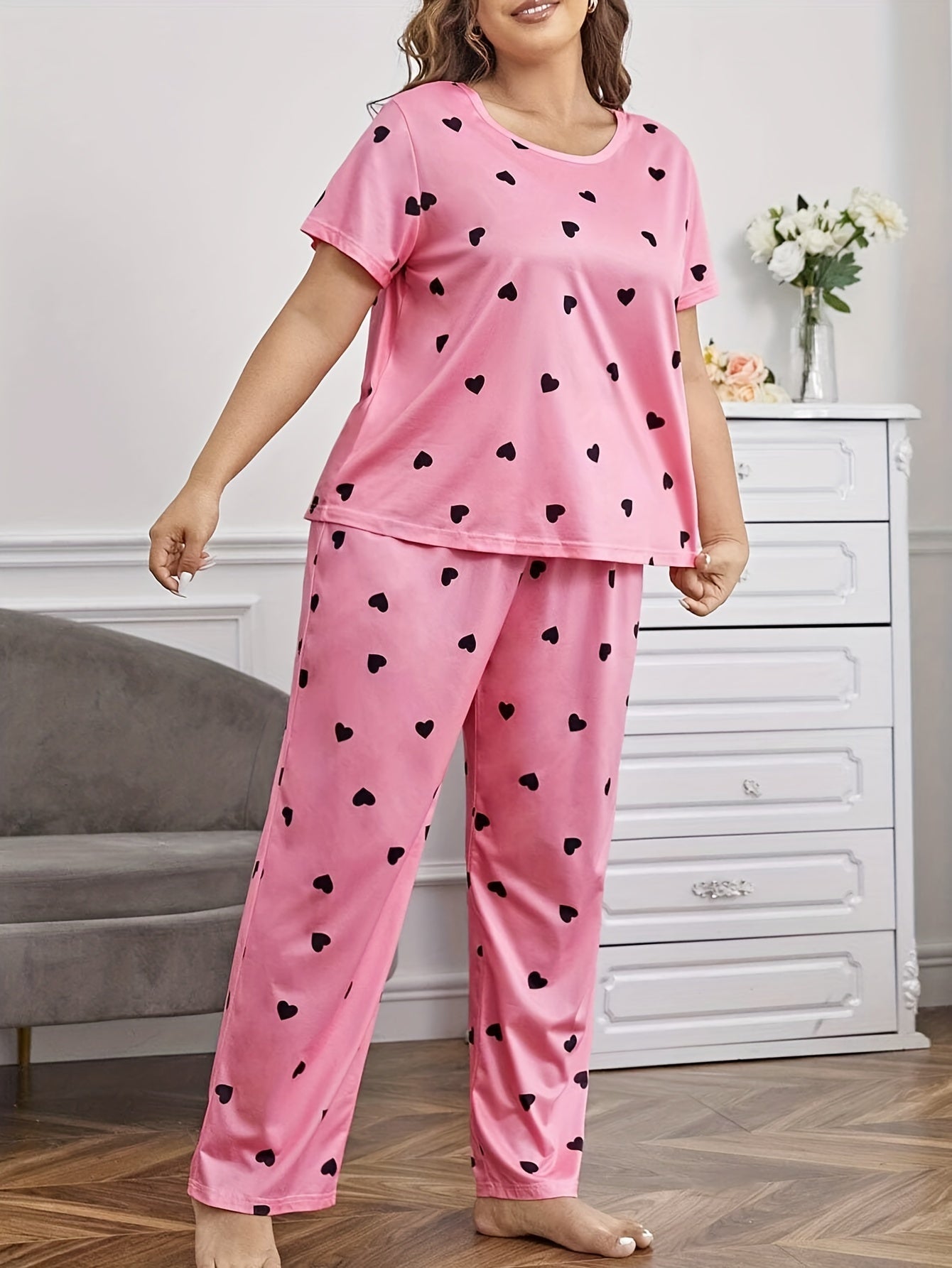  Heart Print Tee & Pants Loungewear Set Women's Two Piece Set