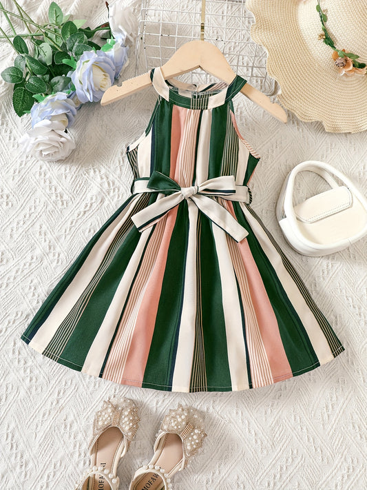 Girls Striped Sleeveless Belted Casual Dress For Kids