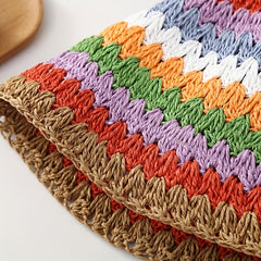Rainbow Striped Bucket Hat Crochet Straw Sun Hat