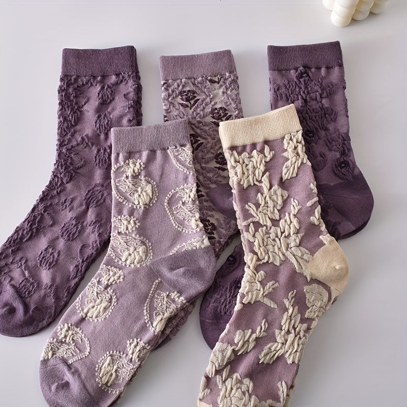 5 Pairs 3D Floral Textured Socks Retro Ethnic Style Mid Tube Women's Stockings
