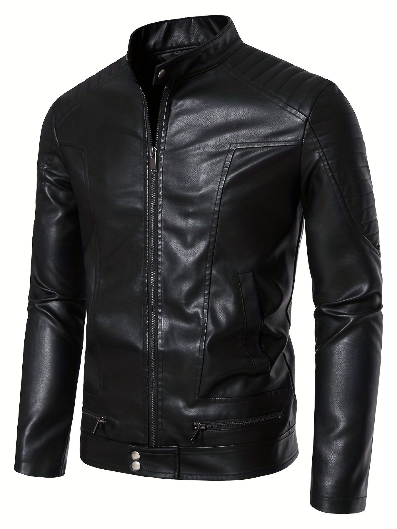 Men's PU Zip Up Stand Collar Faux Leather Jacket