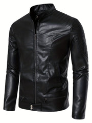 Men's PU Zip Up Stand Collar Faux Leather Jacket
