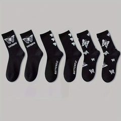 6 Pairs Butterfly Print Socks Casual & Mid Tube Women's Stockings